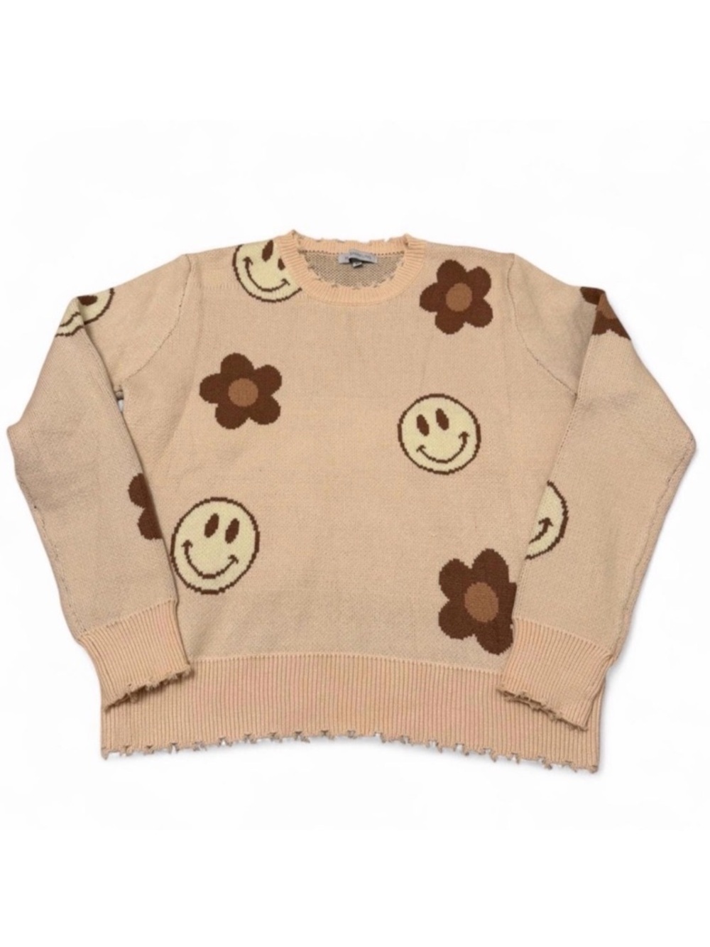 Miss Sparkling Happy Face Boho Sweater Women’s Medium Retro Smiley Twee Brown - Picture 1 of 6